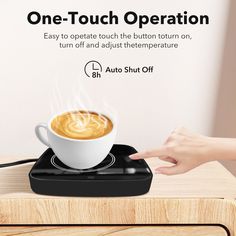 an image of a cup of coffee being served on the appliance for one - touch operation