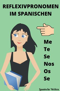 a woman holding a book in her hand and pointing to the left with spanish text