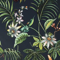 a painting of tropical flowers and leaves on a black background