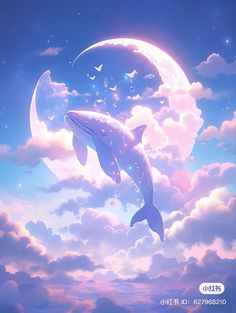 two dolphins are floating in the sky with clouds and stars above them, under a full moon