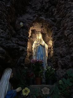 the statue is surrounded by flowers and other plants in front of a stone wall with light coming through it