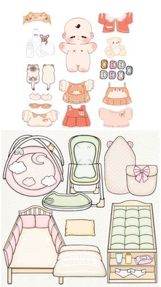 the paper doll is next to its bed and baby's crib, with other items in it