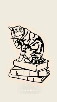 a black and white drawing of a cat sitting on top of a stack of books