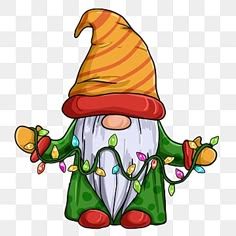 an image of a gnome with christmas lights on his feet, wearing a green and orange outfit