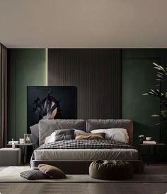 a large bed sitting next to a window in a room with lots of green walls