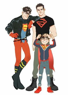 two men and a young boy are dressed as supermans