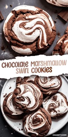 chocolate marshmallow swirl cookies on a plate