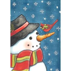 a painting of a snowman wearing a hat and scarf with a bird on his nose