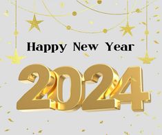 a happy new year card with gold numbers and stars