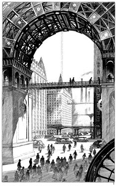 a drawing of people walking under an overpass in the middle of a busy city