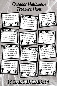 an outdoor halloween treasure hunt is shown in black and white with the words, clues included