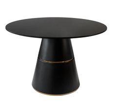 a black round table with gold trim around the edge and an oval shaped base, on a white background