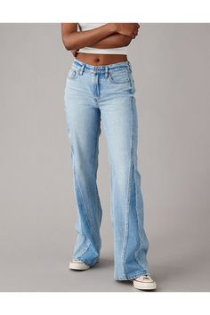 Rigid in the front. Stretchy in the back. Magic all over with innovative 50/50 construction./Featuring our Comfort Stretch Waistband for an extra dose of comfy!/Light wash/Inset details 50 50, Bootcut Jeans, Flare Jeans, Low Rise, Women's Jeans, American Eagle Outfitters, American Eagle, Women Jeans