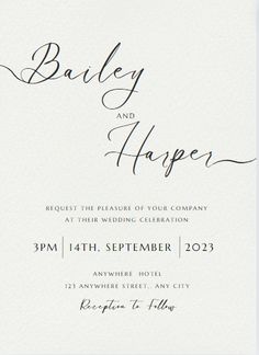 an elegant wedding card with the word,'baby and harper'in black ink