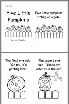 the five little pumpkins coloring page is shown in black and white, with text below it