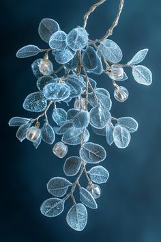 a bunch of blue leaves hanging from a branch with water droplets on it's branches