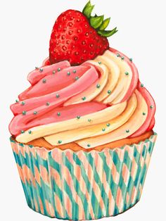 a cupcake with pink frosting and a strawberry on top is shown in this drawing