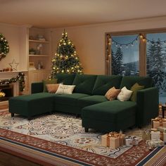 a living room filled with furniture and christmas decorations