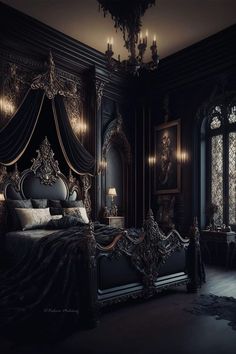 an ornate bed in a dark room with chandelier and curtains on the windows