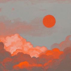 an orange and red sky with clouds in the foreground, and a large sun above it