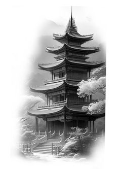 a black and white photo of a pagoda