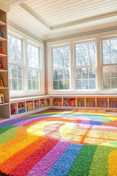 a brightly colored area rug in a child's playroom with bookshelves