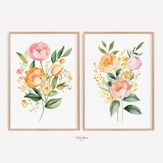 two watercolor paintings with flowers on them