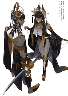 two people dressed in costumes with swords