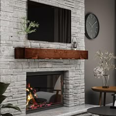 a living room with a fire place and clock on the wall