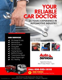 an advertisement for auto service with the words, your reliable car doctor