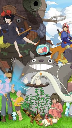 an animated scene with people and animals in the background