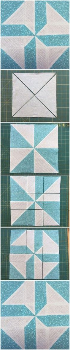 four different angles of the same quilt on top of each other, one with blue and white squares