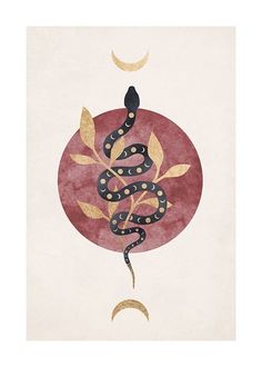 a painting with a snake in the middle and moon above it, on a white background