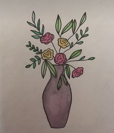 a drawing of flowers in a vase on a white paper sheet with colored pencils