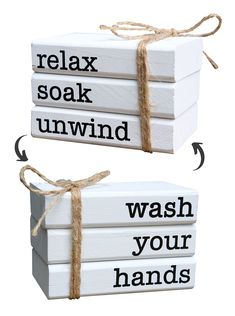 two boxes tied with twine and labeled relax soak unwind wash your hands