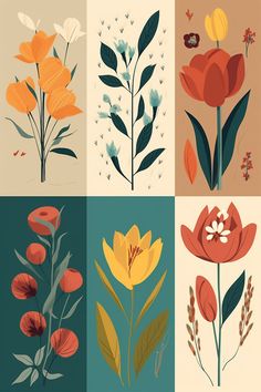 four different types of flowers with leaves on them