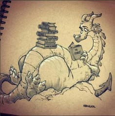 a drawing of a dragon sitting on top of a pile of books reading a book