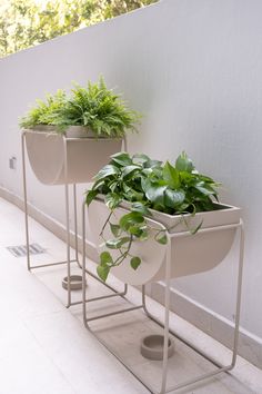 two white planters with plants in them