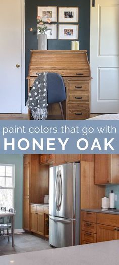 the kitchen and dining room are painted blue with honey oak furniture is in the foreground