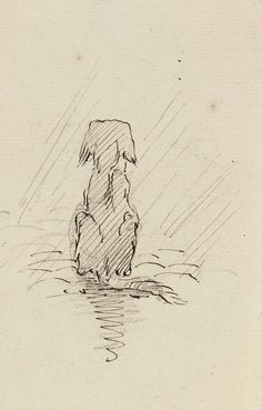 a drawing of a dog sitting in the rain