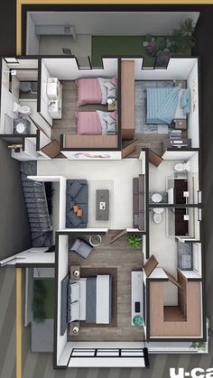 an overhead view of a two bedroom, one bath apartment with living room and dining area