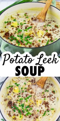 two images showing how to make potato leek soup in one pot and the other side