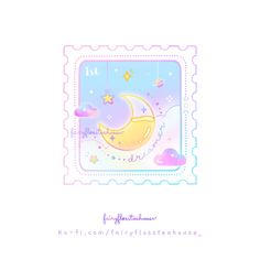 a postage stamp with the moon and stars on it's side, in pastel colors