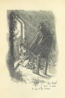 an old drawing of a man standing in front of a door with another person looking at him