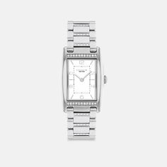 A distinctive stately design the minimalist Reese watch is an elevated choice for everyday. Sparkling with crystals this stainless steel bracelet design features a satin dial detailed with a mix of numerical and stick markers. It’s accented with our Signature on the clasp for a heritage touch. | Coach Reese Watch, 24 Mm X 35 Mm - Women's - Stainless Steel Elegant Coach Watch With Polished Finish, Coach Watches With Diamond Hour Markers And Round Dial, Coach Watch With Diamond Hour Markers, Silver Watch With Metal Dial For Work, Luxury Silver Coach Watch, Elegant Silver Coach Watch, Luxury Coach Watches With Diamond Hour Markers, Elegant Silver Watch With Analog Display, Timeless Diamond Watch With Rectangular Metal Dial