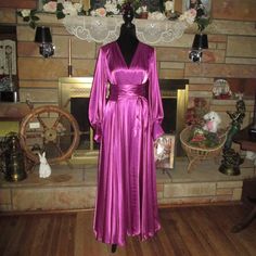 Hollywood Golden Era Beautiful Shocking Violet Gown, Charmeuse Sweeping Full Wrap Skirt, Attached Sash Wrap Closure, Three Swarovski Buttons At Wrist, Pockets, 35" Front Center From The Waist Seam, 40" Center Back To The Hemline, Catherine Does Not Attach Tags Or Care Labels To Her Robes, Never Worn Violet Gown, Hollywood Golden Era, Satin Nightie, Belted Robe, Printed Robe, Distressed Black Jeans, Polo Dress, Satin Dress, Spring Dresses