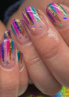 New Years Nails Colorful, Colorful New Years Nails, New Years Nails For Kids, Celebration Nail Designs, Birthday Manicure Ideas, Disco Nail Ideas, Firework Nails Design, Happy New Year Nails Designs, Disco Nails Designs