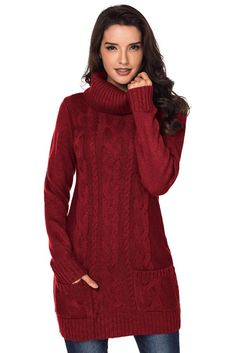 BestDealFriday Red Cowl Neck Cable Knit Sweater Dress P1480355 Loose Sweater Dress, Cable Knit Dress, Cable Knit Sweater Dress, Slim Fit Sweater, Cowl Neck Sweater Dress, Long Sweater Dress, Stylish Sweaters, Womens Turtleneck, Mini Sweater Dress