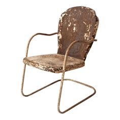 an old metal chair with rusted paint on the back and seat, against a white background