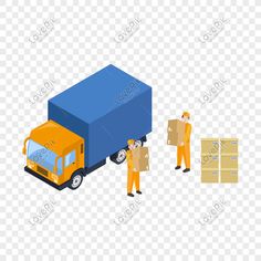 an orange and blue delivery truck with boxes on the back, transparent background png